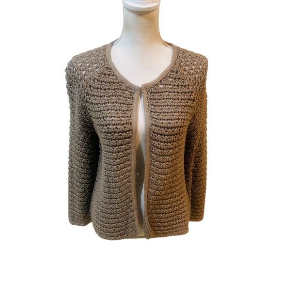 Chico’s taupe open weave knit collarless cardigan cotton blend size small - Picture 1 of 10